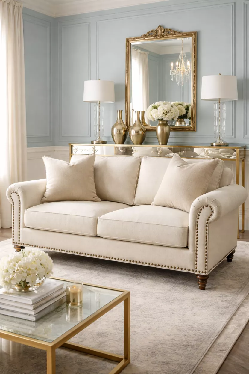 A realistic photo of a cream linen loveseat sofa with brass nailhead trim, a mirrored console table, metallic gold vases, a glamorous living room with light blue walls and white molding.