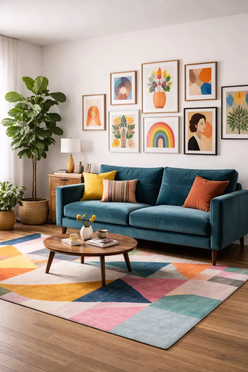 A realistic photo of a teal velvet track arm sofa with tapered wooden legs, a colorful geometric rug, a mid-century wood credenza, a large fiddle leaf fig plant, and bright gallery wall art.