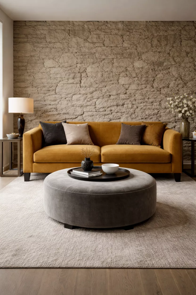 A realistic photo of a high arm shelter sofa in mustard mohair, curved front, block legs, a large grey velvet pouf, and a textured stone wall in a modern living room.