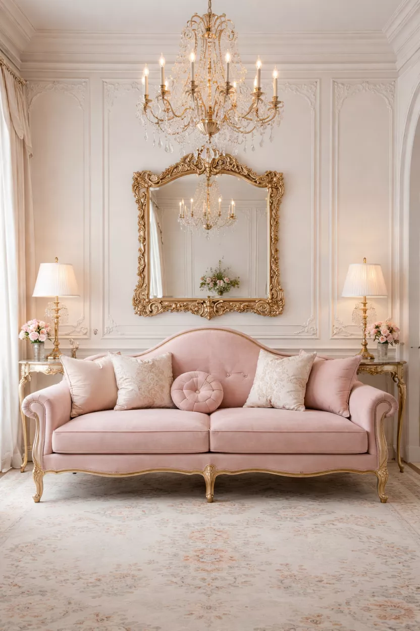 A realistic photo of a pink suede camelback sofa with a single hump backrest, cabriole legs, a crystal chandelier above, a gilded mirror on the wall, and French provincial decor.