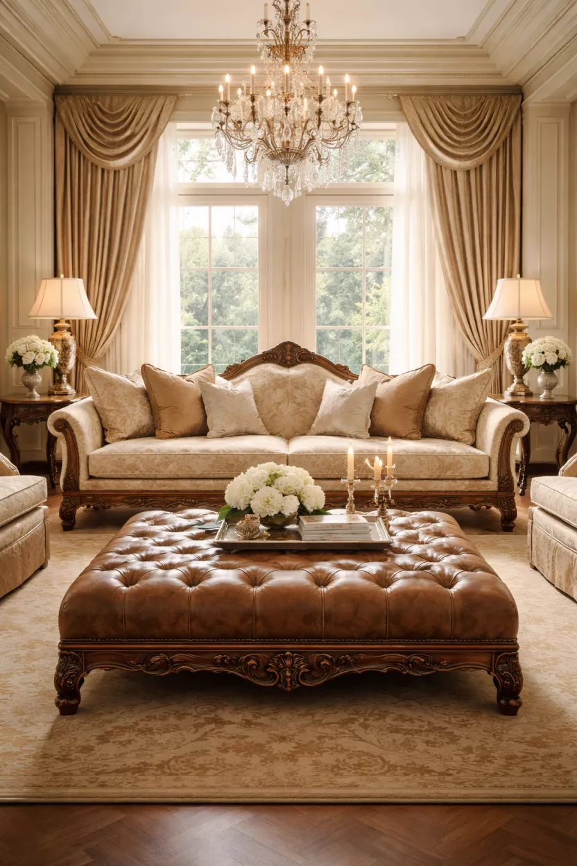 A realistic photo of a symmetrical tuxedo sofa in beige silk damask, a large tufted leather ottoman, hand carved wood base, a formal living room with tall windows and long drapes.