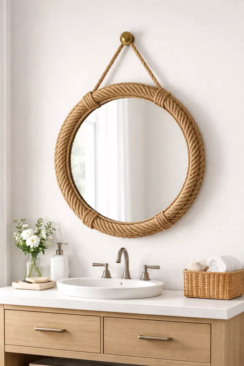 A realistic photo of a round mirror with a thick tan jute rope frame hanging on a white bathroom wall, above a light wood vanity.