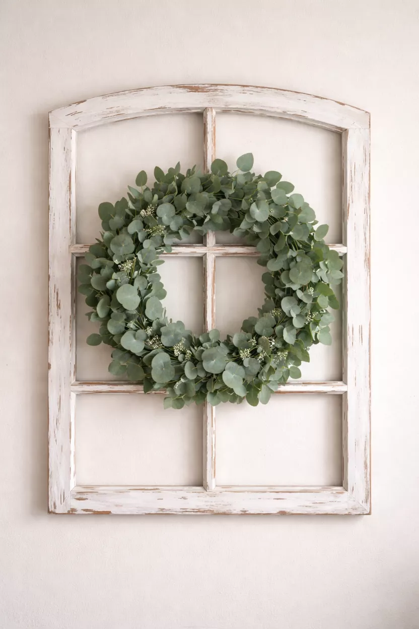 A realistic photo of a white distressed wooden window frame hanging on a wall, with a green eucalyptus wreath centered in the middle of the empty panes.