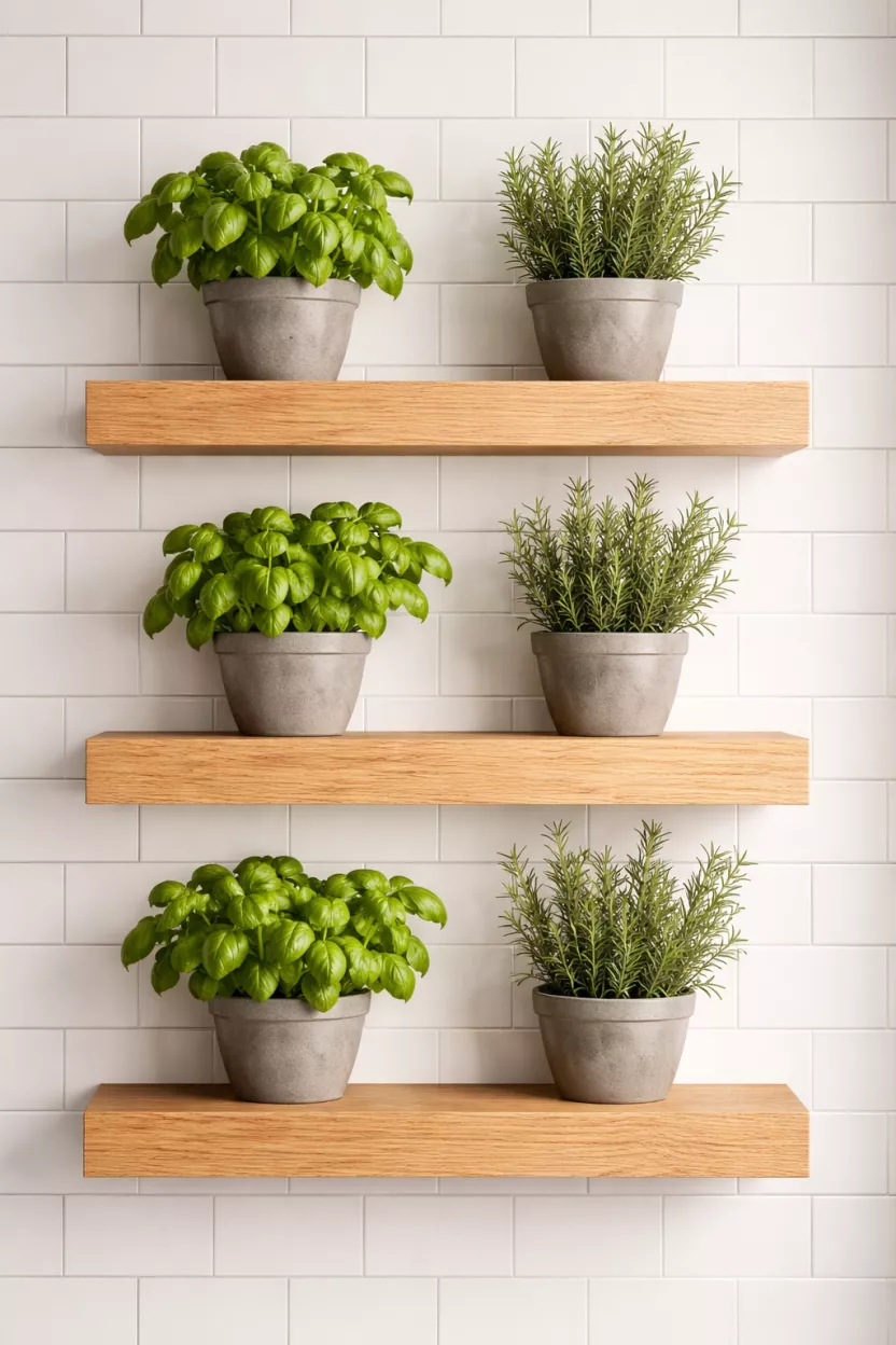 A realistic photo of three thick light oak floating shelves on a white tiled wall, holding green basil and rosemary plants in small gray clay pots.