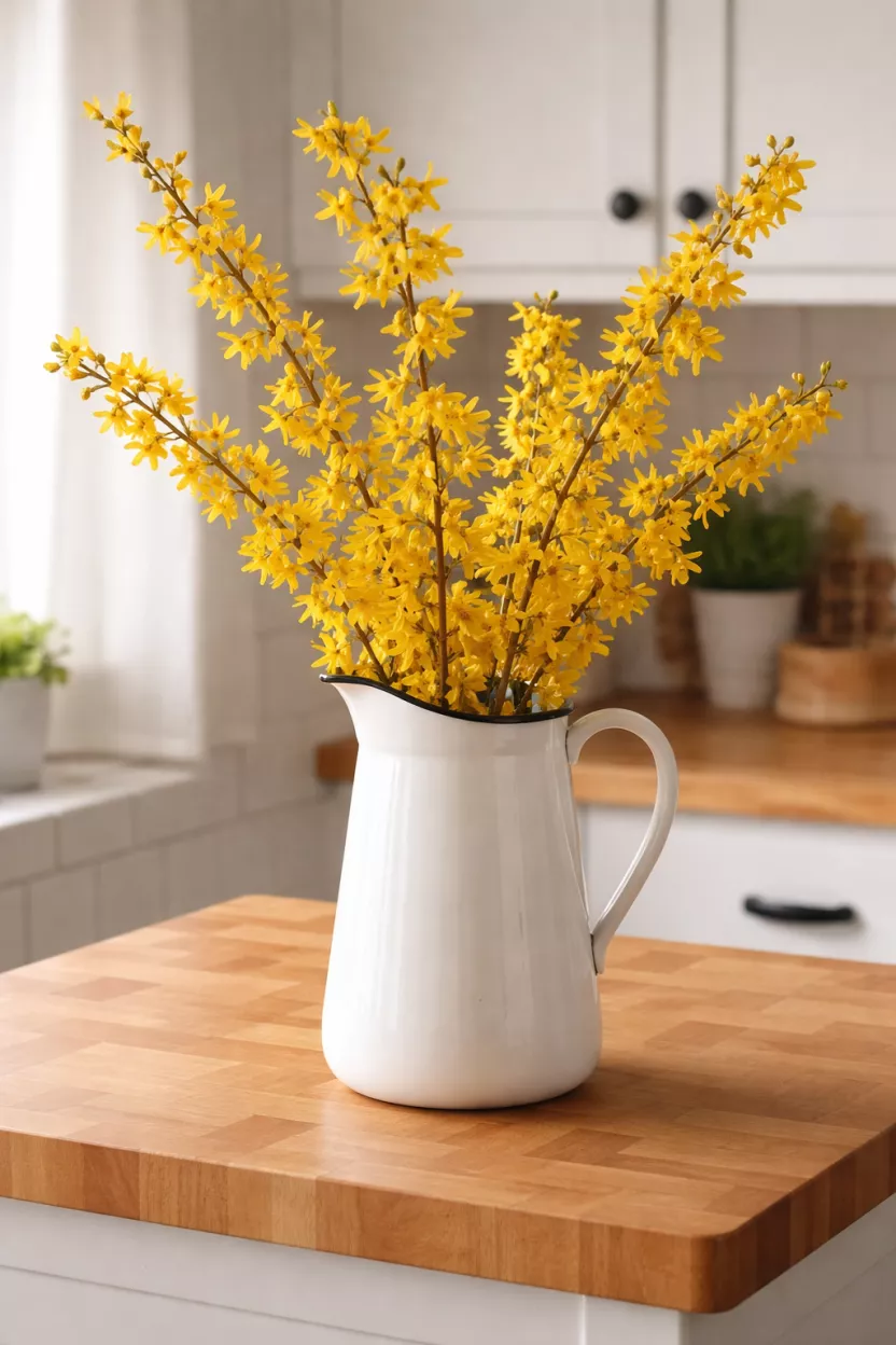 A realistic photo of a white enamelware pitcher with a black rim, holding long stems of yellow forsythia branches, sitting on a butcher block countertop.