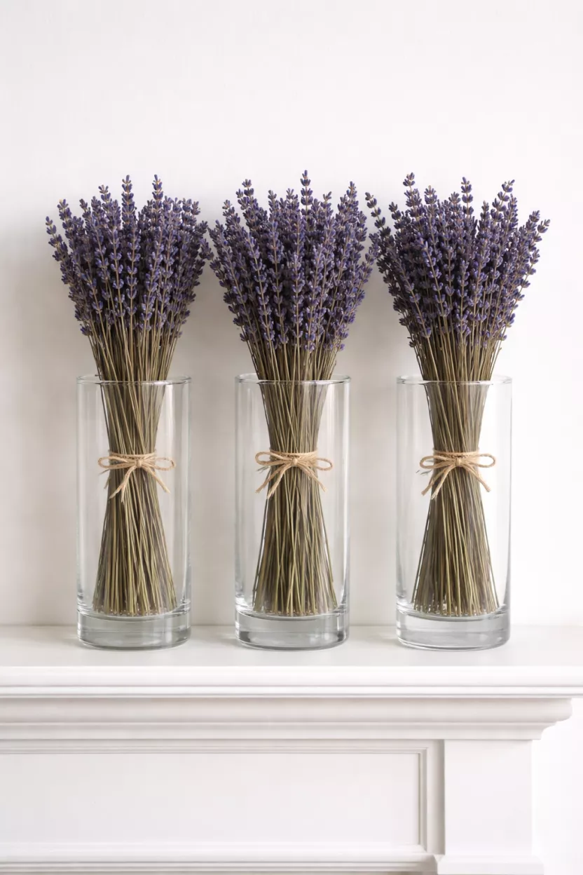 A realistic photo of three purple dried lavender bundles tied with twine, placed inside tall clear glass cylinder vases on a white mantel.