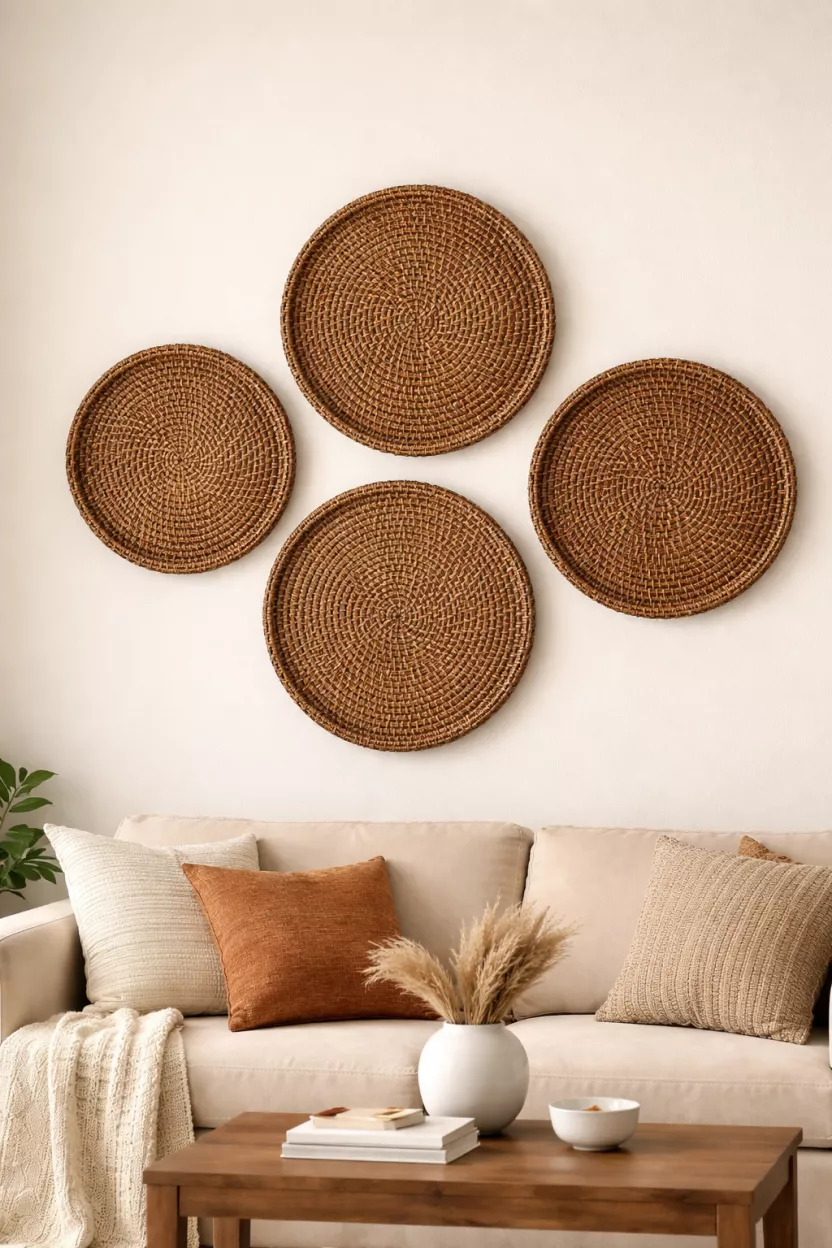 A realistic photo of a collection of five round brown woven reed platters in different sizes, arranged in a cluster on a light cream living room wall.