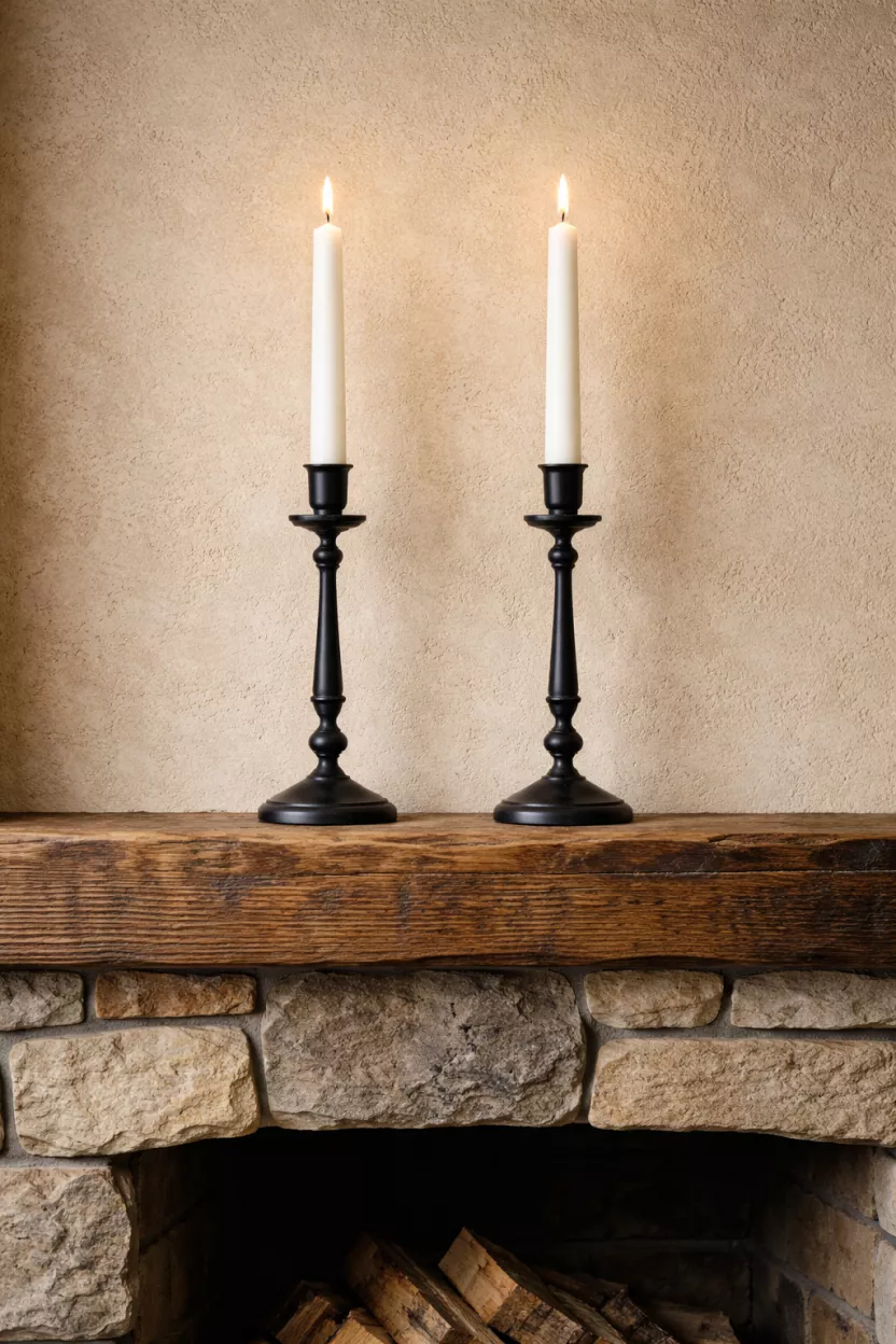 A realistic photo of two tall black wrought iron candle holders with white taper candles, standing on a rustic wood mantel with a stone fireplace below.