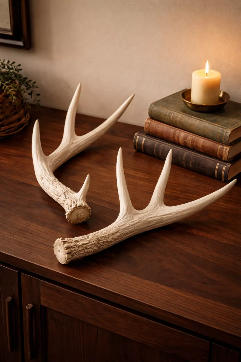 A realistic photo of two white deer antler sheds resting on a dark walnut sideboard, next to a stack of vintage books and a small candle.