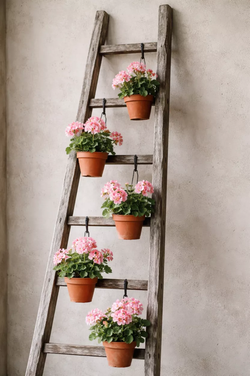 A realistic photo of a tall weathered gray wooden ladder leaning against a wall, with small terracotta pots of pink geraniums hanging from the rungs using black metal hooks.