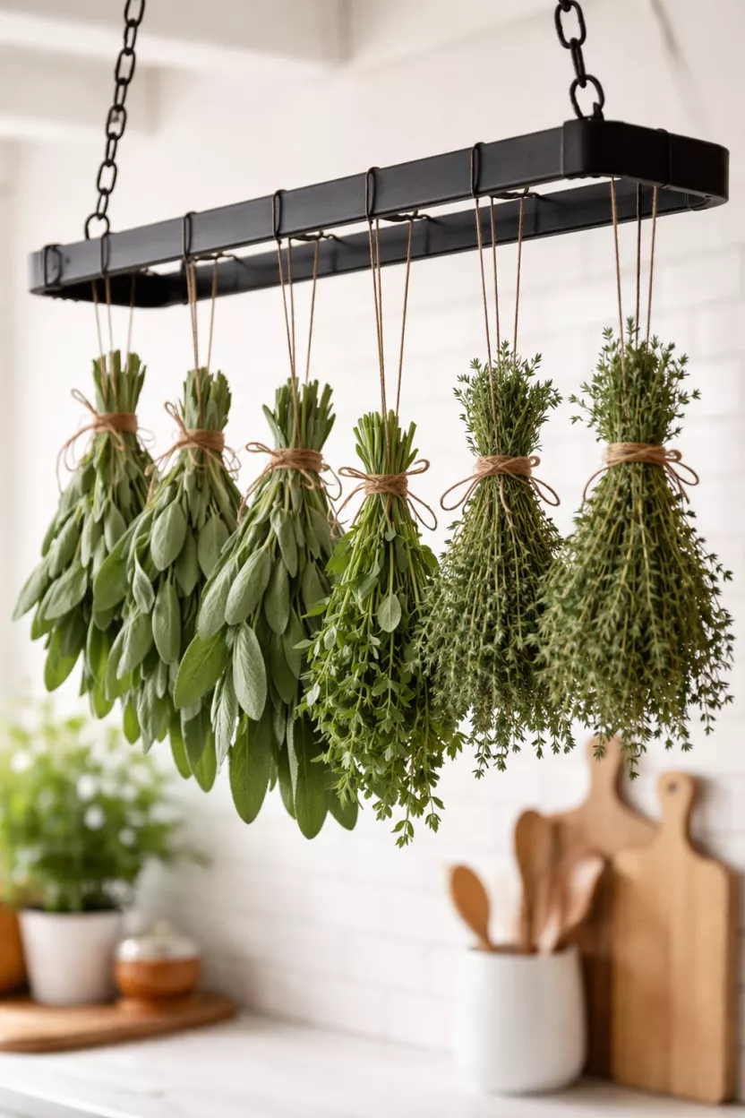A realistic photo of a black metal hanging rack suspended from the ceiling, with bunches of green sage and thyme hanging upside down by brown strings.