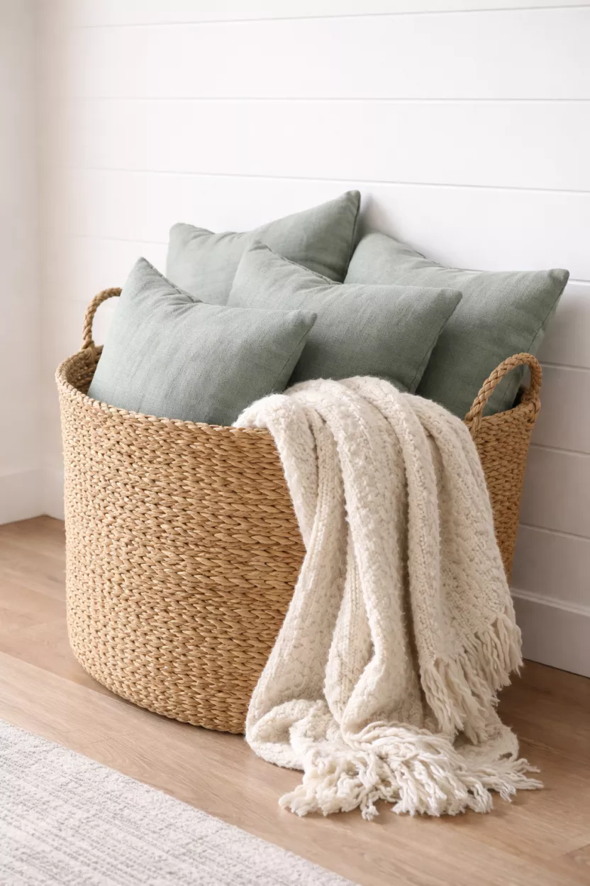 A realistic photo of a large tan woven seagrass basket leaning against a white shiplap wall, overflowing with soft sage green linen pillows and a cream knit wool blanket.