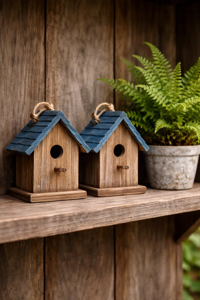 A realistic photo of two small rustic wooden birdhouses with blue roofs, sitting on a weathered wood shelf next to a small green fern in a pot.