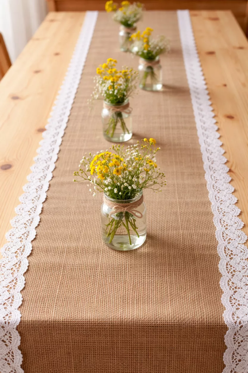 A realistic photo of a long brown burlap table runner with white lace edges on a light pine wood table, decorated with small glass jars containing yellow wildflowers.