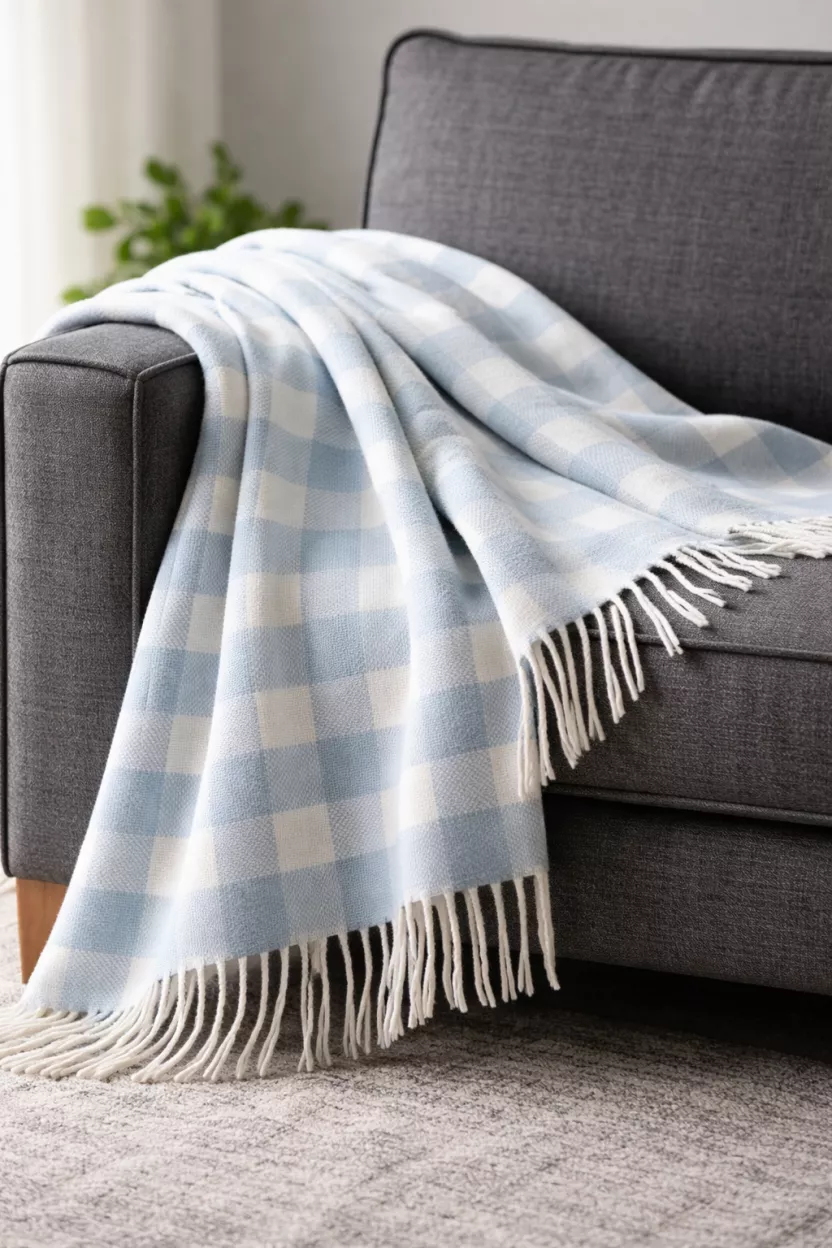 A realistic photo of a light blue and white checkered cotton throw blanket draped over the arm of a dark gray upholstered sofa, with a soft weave texture.