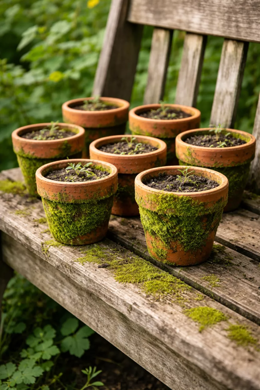 A realistic photo of several small orange terra cotta pots with green moss growing on the sides, arranged on a weathered wooden bench in a garden setting.