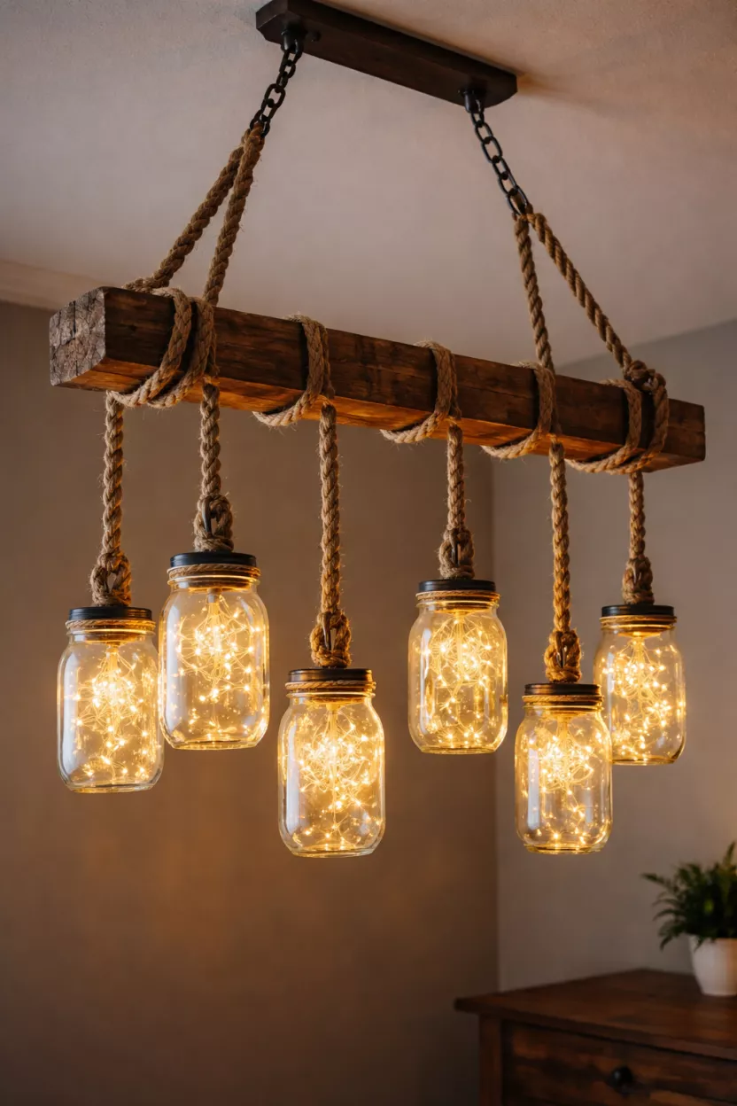 A realistic photo of a wooden beam chandelier hanging from the ceiling, featuring five clear glass mason jars with warm glowing fairy lights inside and twisted jute rope details.