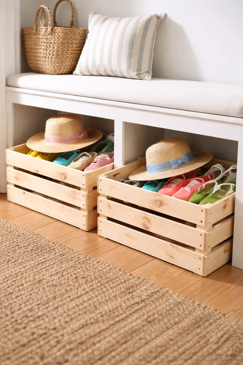 A realistic photo of two unfinished pine wood crates tucked under a white hallway bench, filled with various colorful spring shoes and sun hats.
