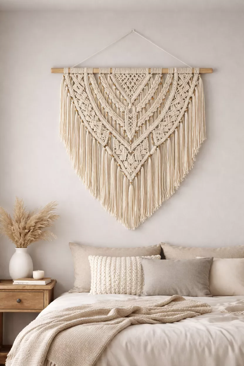 A realistic photo of a large cream cotton macrame wall hanging with intricate knots and wooden beads, hanging on a light gray bedroom wall.