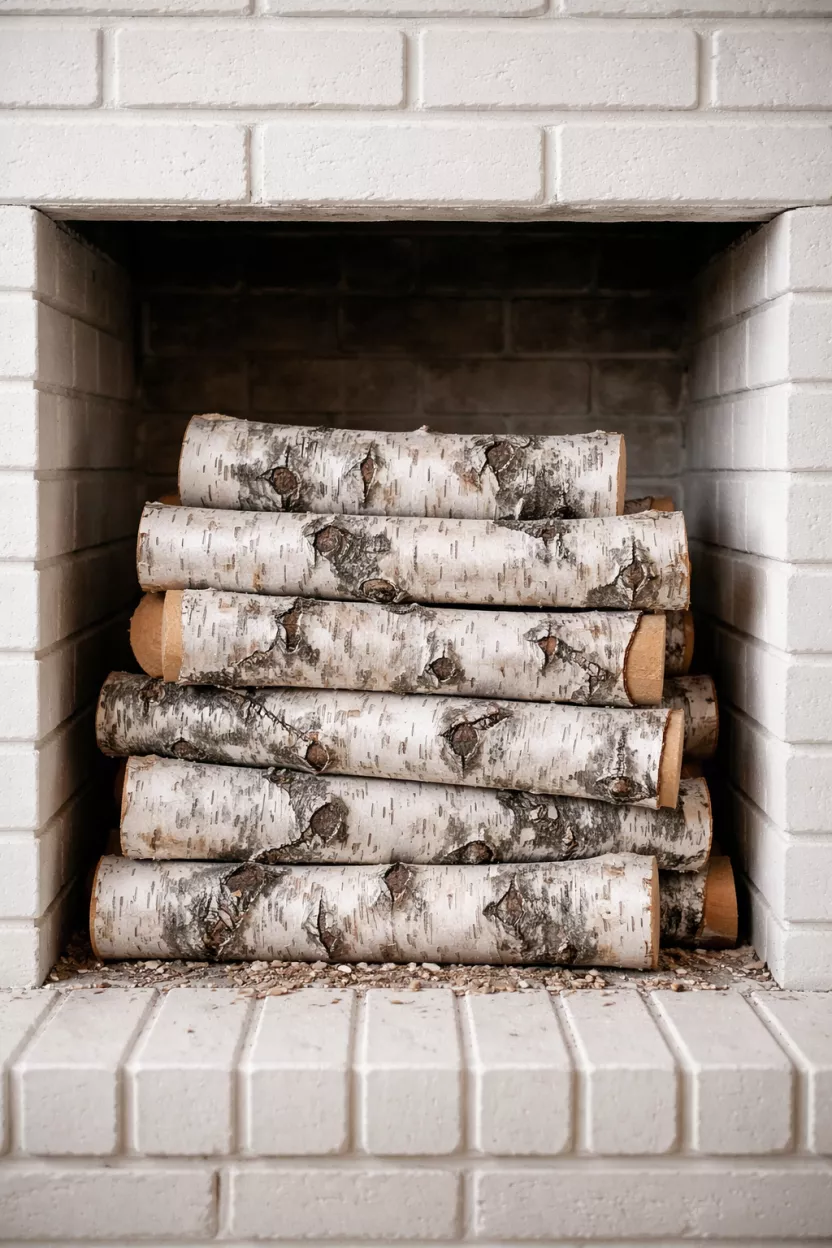 A realistic photo of white birch logs with peeling black and white bark, stacked neatly inside a white brick fireplace that is not in use.