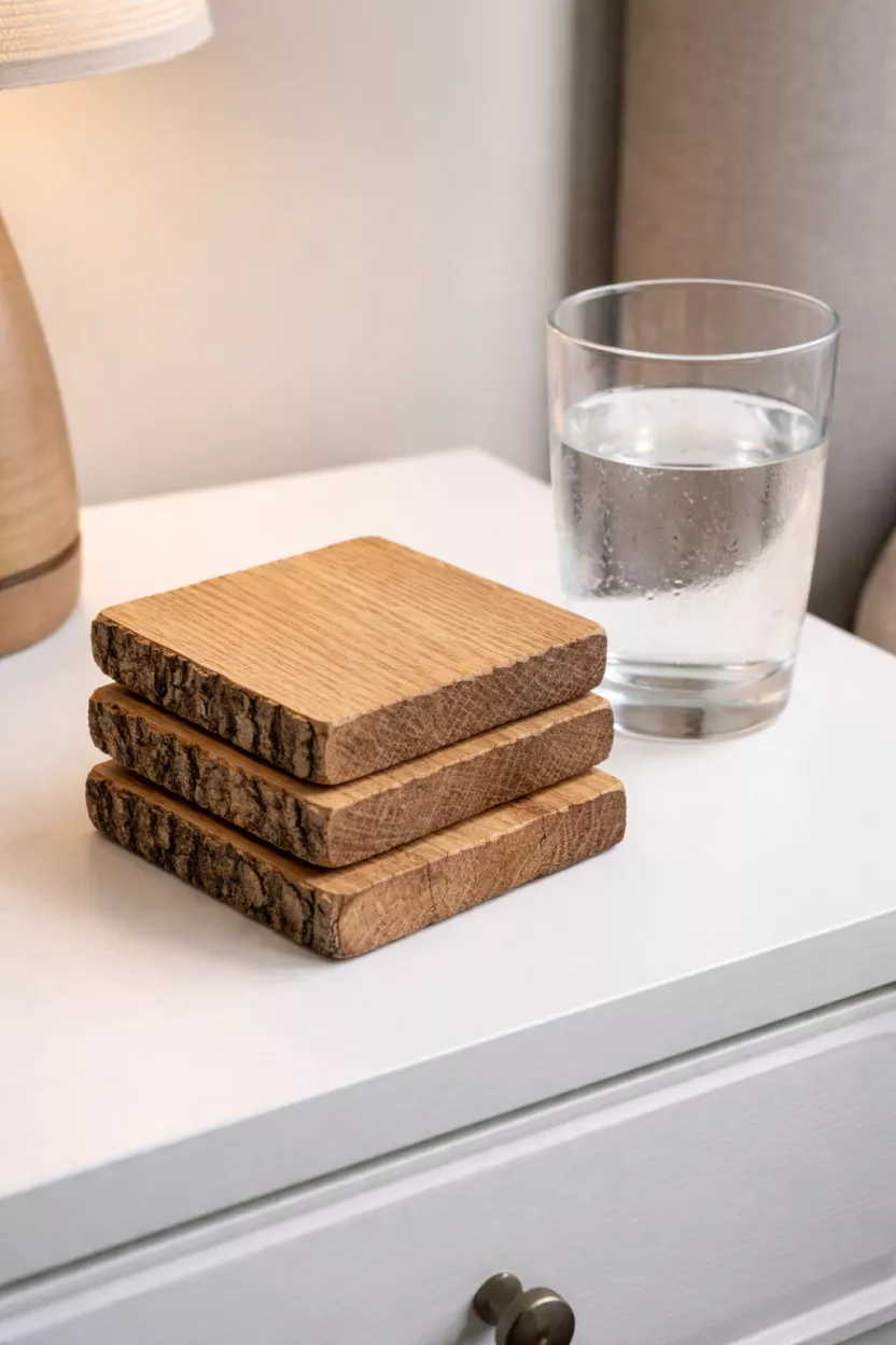 A realistic photo of four square rough sawn oak coasters with natural wood grain and bark edges, stacked on a white nightstand beside a glass of water.