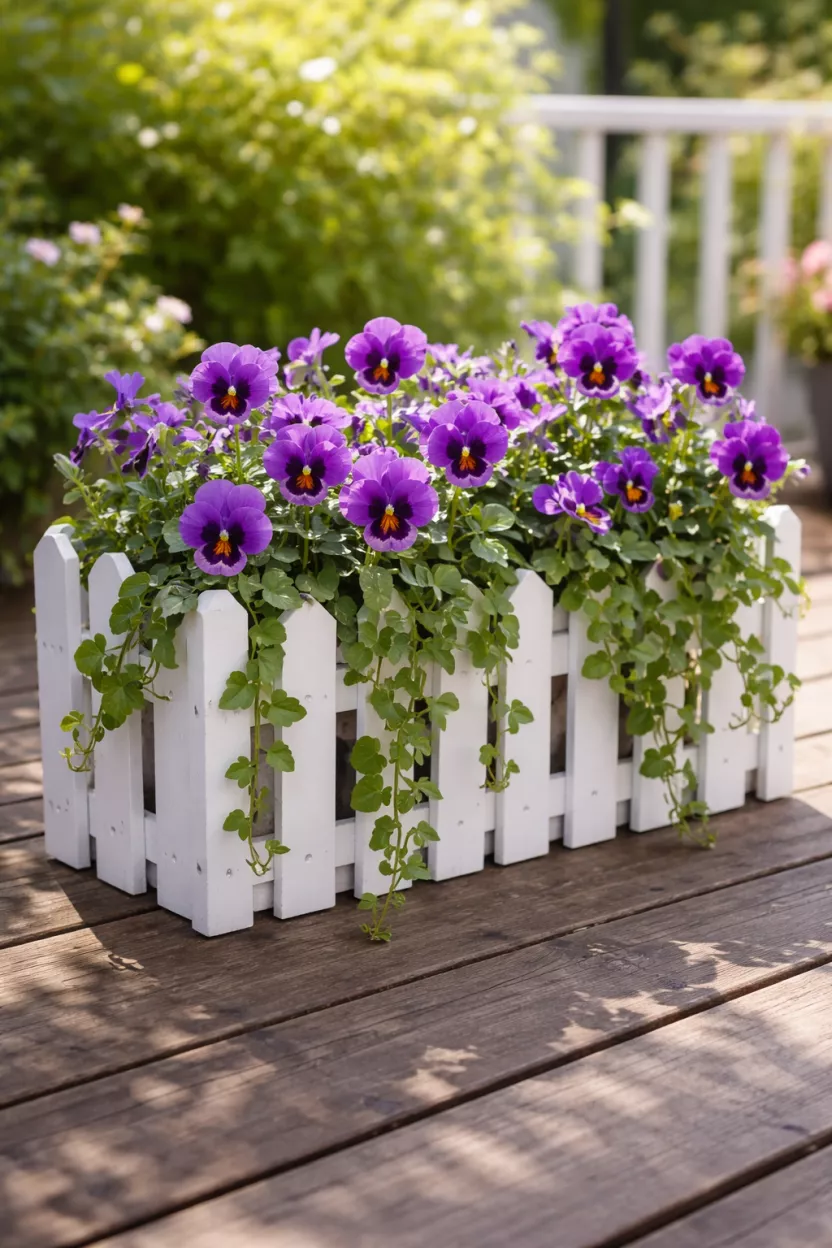 A realistic photo of a small white wooden picket fence planter box sitting on a deck, filled with purple pansies and green ivy trails.