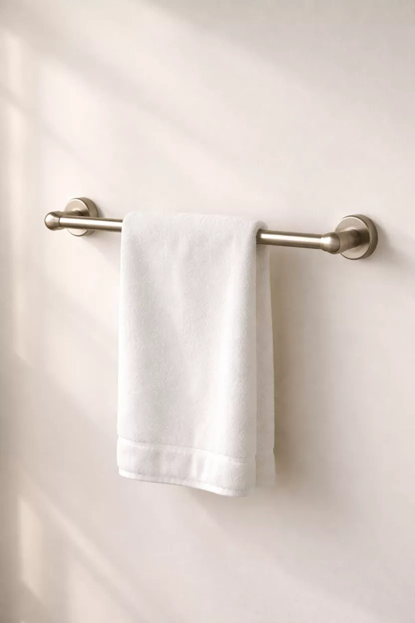 A realistic photo of a sleek brushed nickel towel bar mounted on a white wall, holding a single crisp white towel, with soft afternoon sunlight.