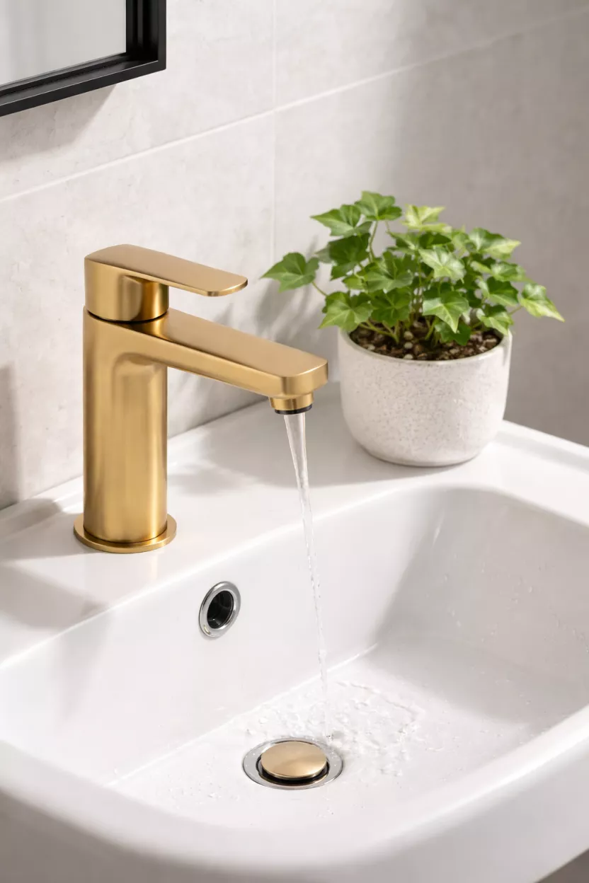A realistic photo of a modern matte gold faucet installed on a white pedestal sink, with a small potted ivy plant sitting on the edge of the sink.