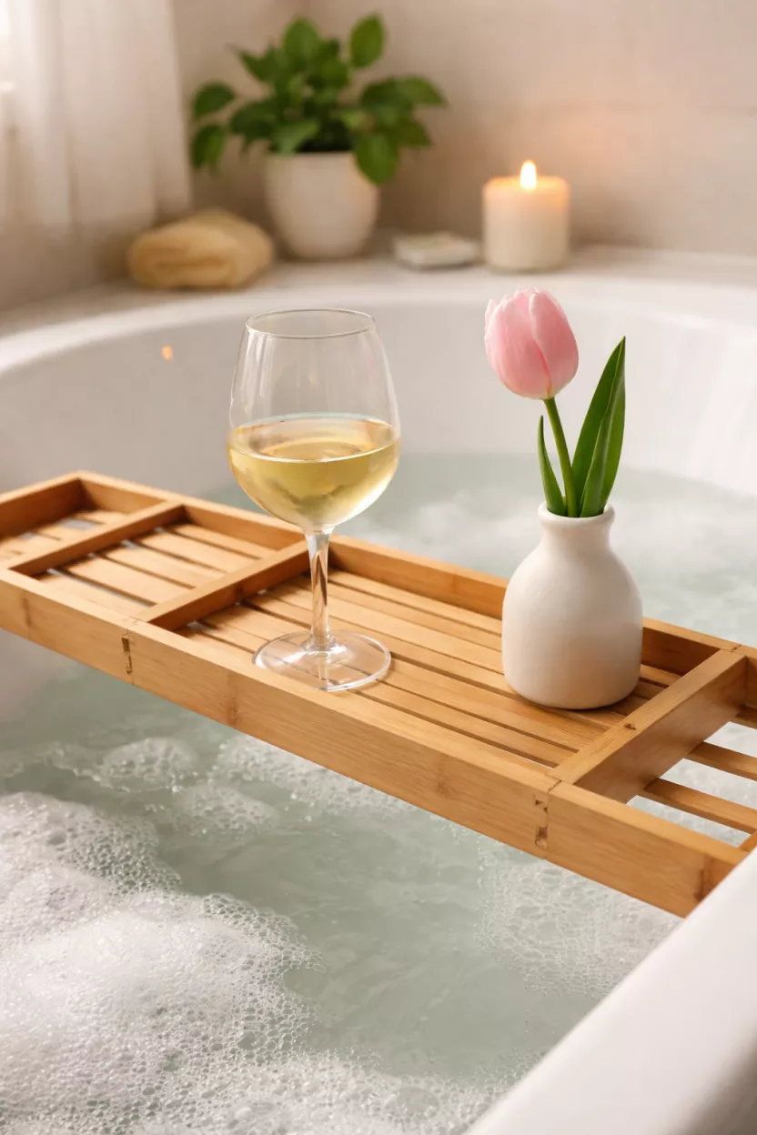 A realistic photo of a light brown bamboo bath caddy resting across a white soaking tub, holding a glass of wine and a small white ceramic vase with a single pink tulip.