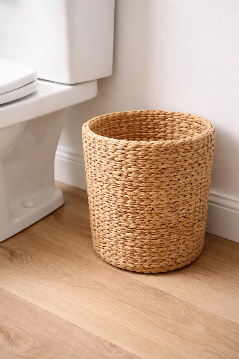 A realistic photo of a tan woven seagrass wastebasket sitting on a light oak wood floor next to a white toilet, the texture of the dried grass is detailed and the lighting is airy and soft.