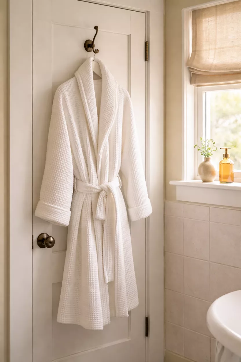 A realistic photo of a thick white waffle knit cotton robe hanging on a bronze hook on the back of a bathroom door, next to a small window.