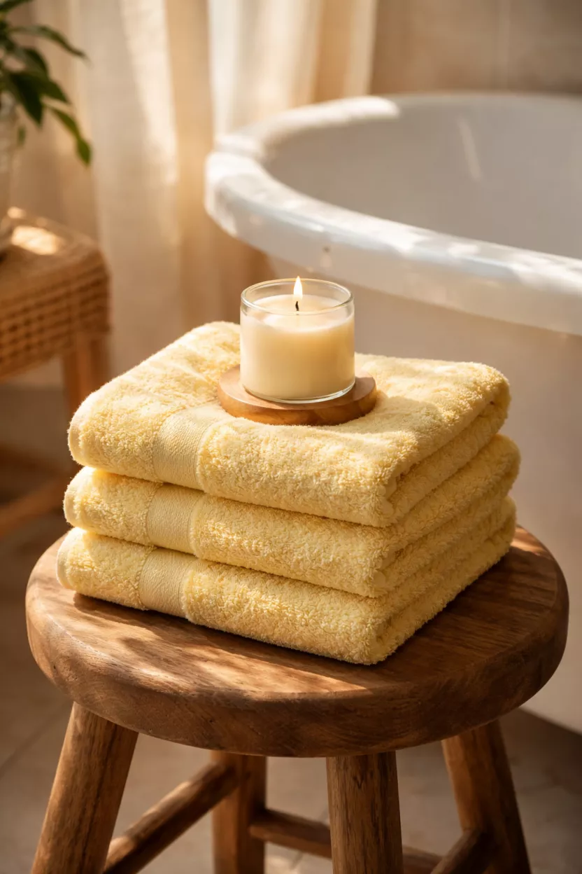 A realistic photo of a stack of fluffy pastel yellow cotton hand towels sitting on a wooden stool next to a white bathtub, a small scented candle sits on top, and the sun highlights the soft fabric texture.