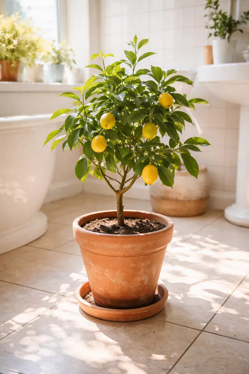 A realistic photo of a small live lemon tree in a terracotta pot sitting on a sunny bathroom floor, with small yellow lemons starting to grow.