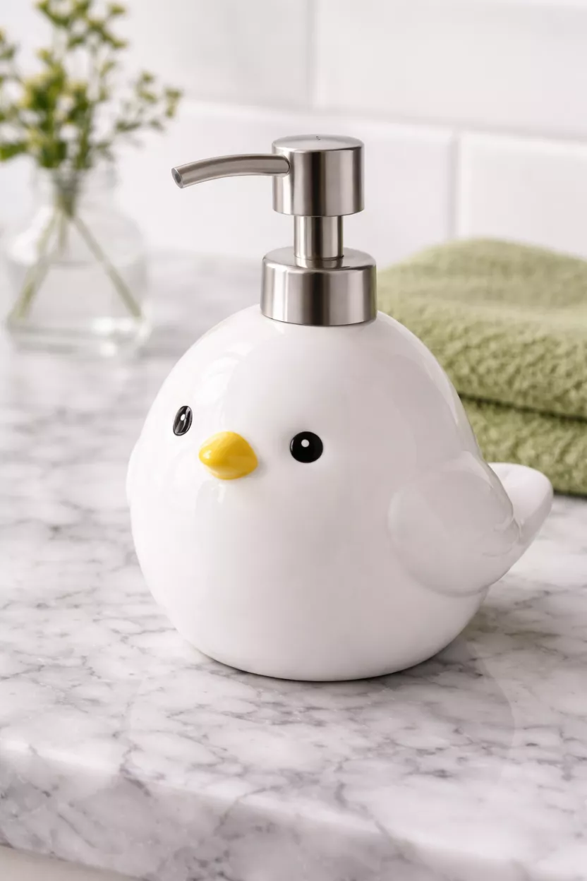 A realistic photo of a ceramic hand soap dispenser shaped like a small white bird, sitting on a marble vanity with a green hand towel in the background.