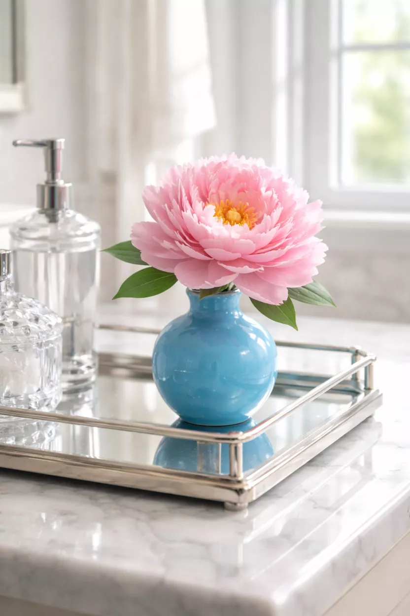 A realistic photo of a small bright blue ceramic bud vase containing a single large pink peony flower, sitting on a mirrored tray on a bathroom vanity with a reflection of a window.
