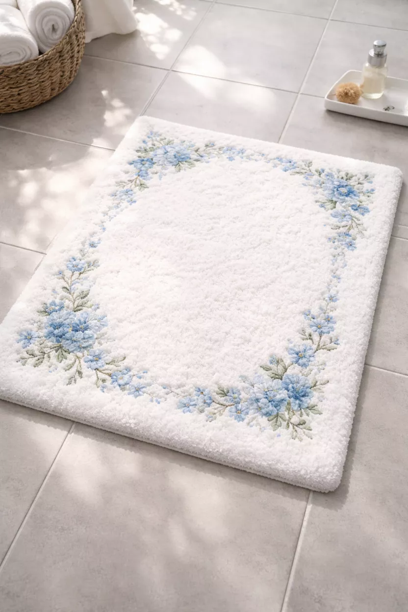 A realistic photo of a thick white bath mat with a delicate blue floral pattern lying on a light grey tiled floor, the cotton fibers look soft and plush under bright morning light.