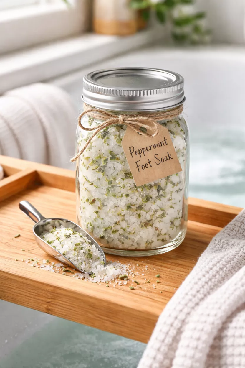 A realistic photo of a glass mason jar filled with white and green peppermint foot soak salts, sitting on a wooden bath tray with a small silver scoop.