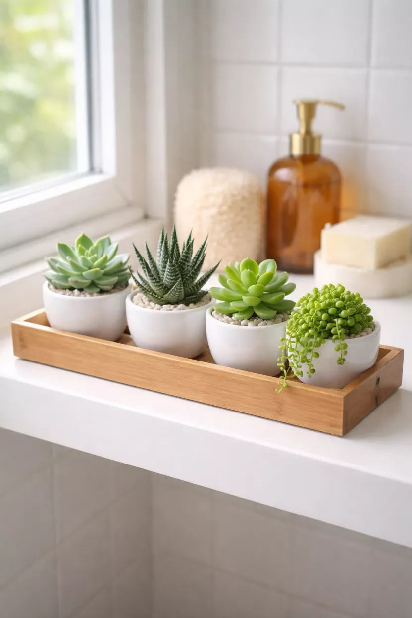 A realistic photo of a small wooden tray holding four different green succulents in white ceramic pots, sitting on a bathroom shelf near a window.