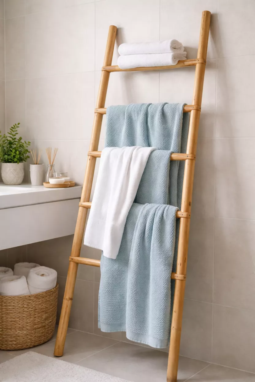 A realistic photo of a light tan rattan ladder leaning against a bathroom wall, with several white and light blue towels draped over the rungs.