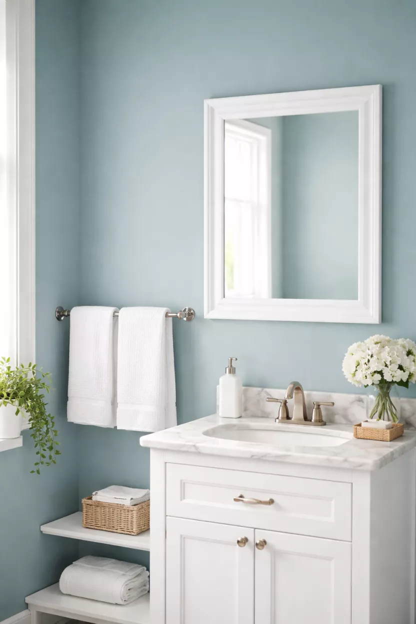 A realistic photo of a bathroom with one wall painted in a soft teal color, featuring a white towel rack and a white framed mirror, under bright daylight.