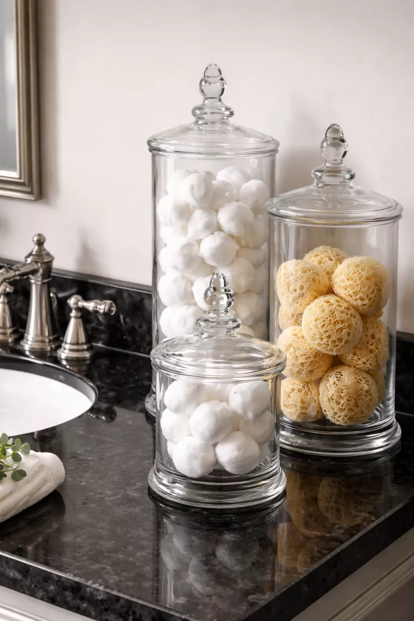 A realistic photo of three clear glass apothecary jars of varying heights filled with white cotton balls and sea sponges, arranged on a black granite countertop next to a polished silver faucet.