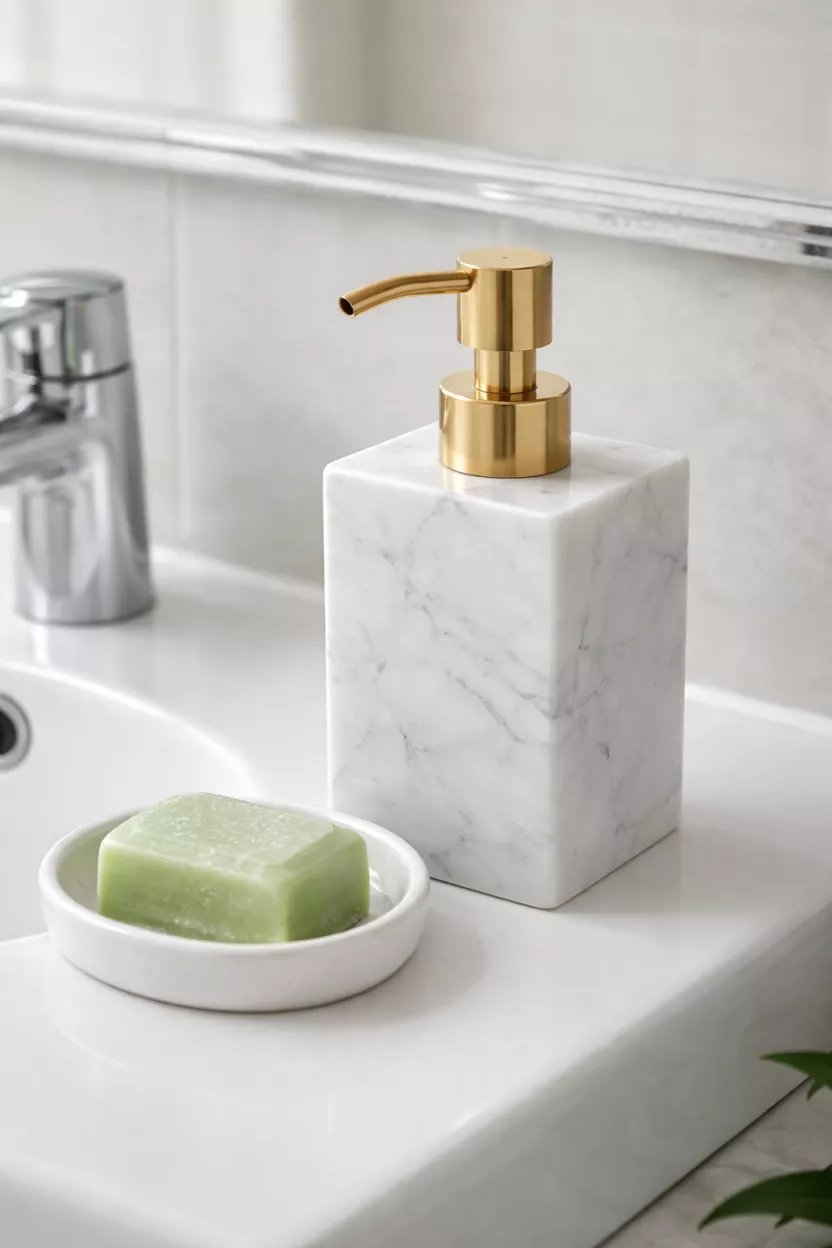 A realistic photo of a white marble soap dispenser with a gold pump sitting on a white sink, next to a small dish containing a green bar of soap.