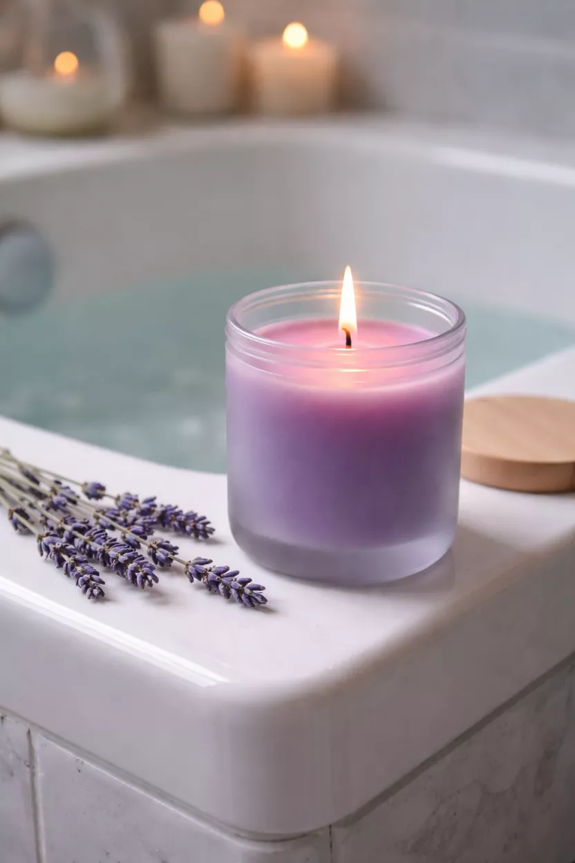 A realistic photo of a purple lavender scented candle in a frosted glass jar, sitting on the corner of a white bathtub with a few sprigs of dried lavender nearby.