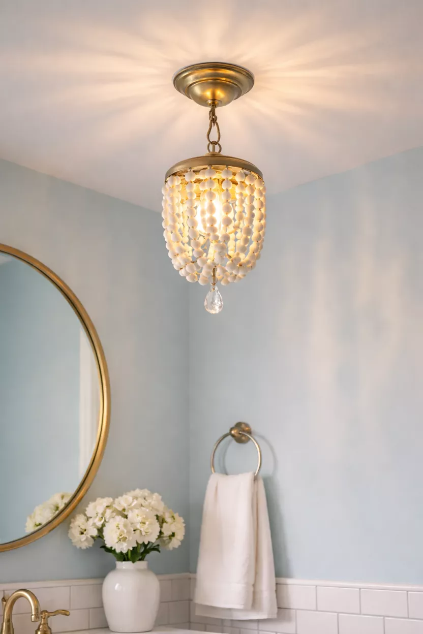 A realistic photo of a small white beaded chandelier hanging from a bathroom ceiling, giving off a soft warm glow against light blue walls.