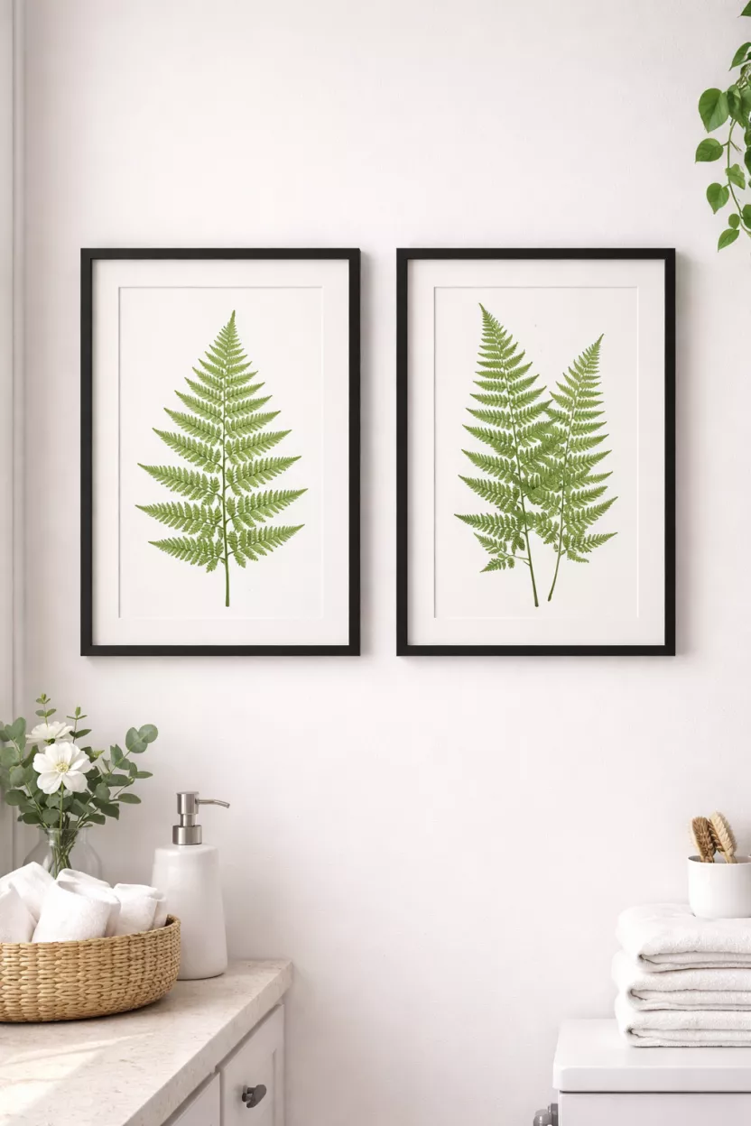 A realistic photo of two framed botanical prints of green ferns with simple black frames hanging on a white bathroom wall, lit by soft natural light.