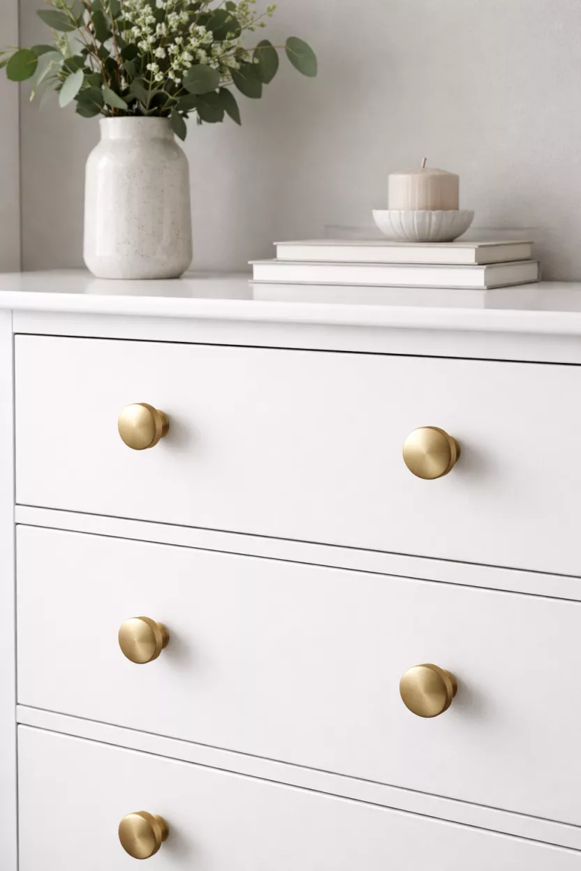 A realistic photo of a close up of a white dresser with modern brushed brass round knobs, set against a background of a light grey wall.
