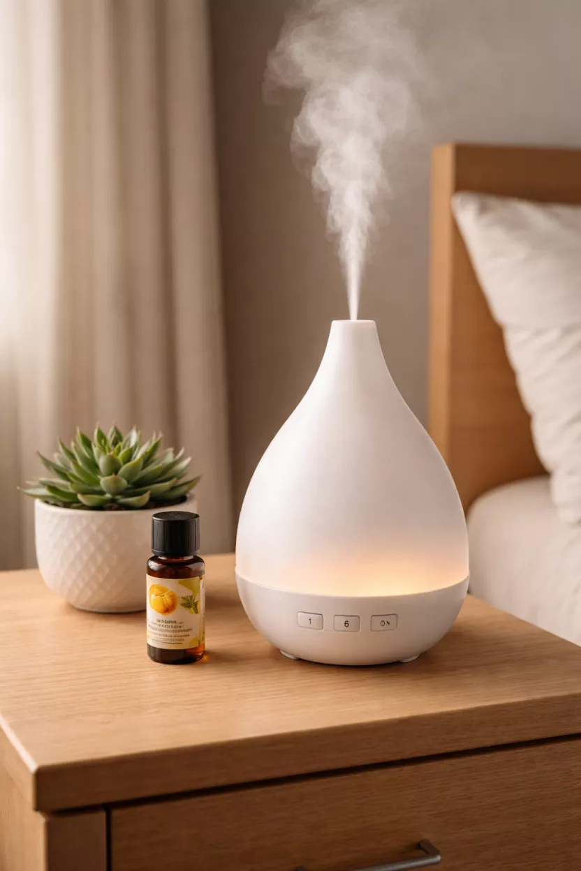 A realistic photo of a white essential oil diffuser with a fine mist coming out, sitting on a bedside table next to a small bottle of citrus oil and a succulent.