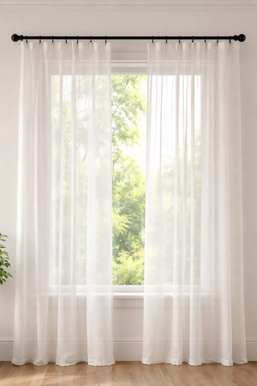 A realistic photo of sheer white linen curtains hanging from a black metal rod, softly diffusing the sunlight coming through a window while still providing a view of green trees outside.
