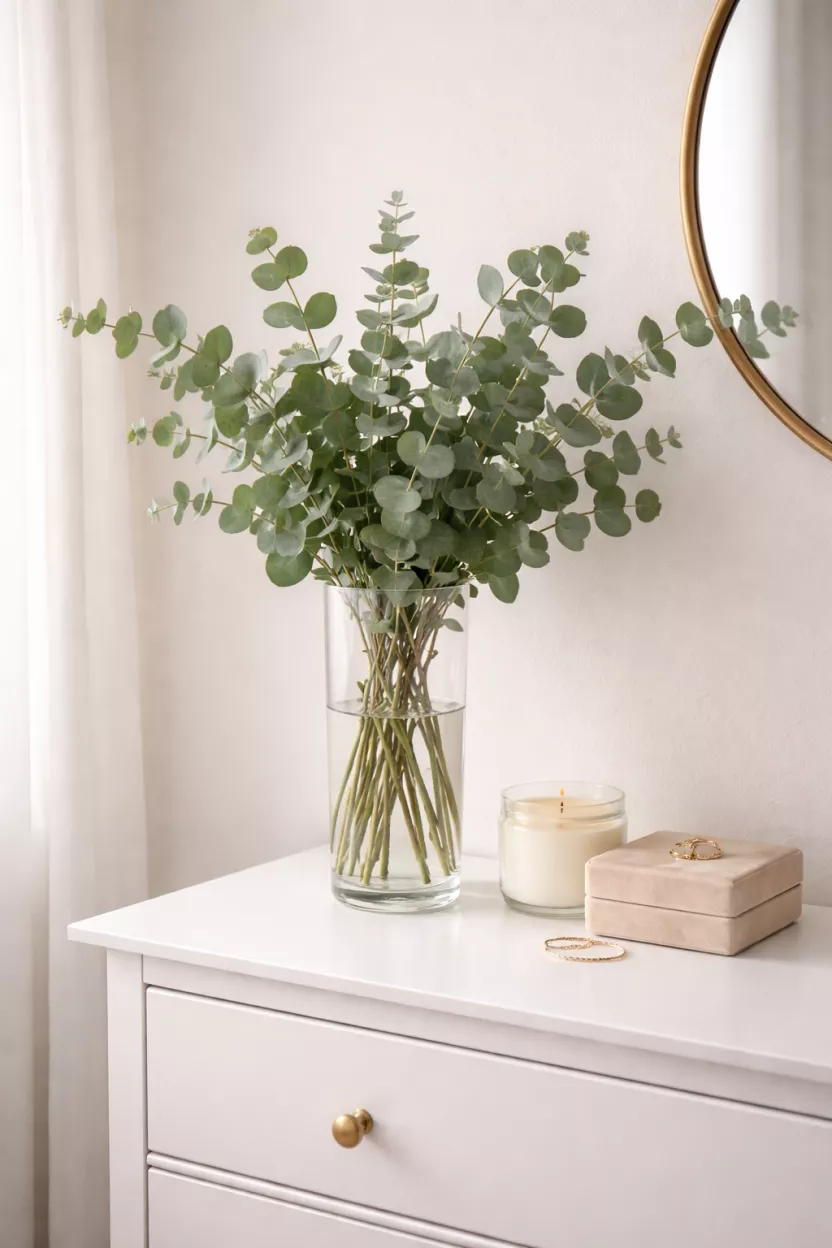 A realistic photo of a tall clear glass vase filled with fresh green eucalyptus branches, placed on a white dresser next to a small round candle and an orgy jewelry box.