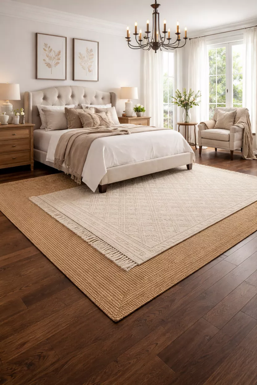 A realistic photo of a spacious bedroom with a large tan jute area rug layered under a smaller cream patterned rug, placed on dark hardwood floors next to a cream upholstered bed.